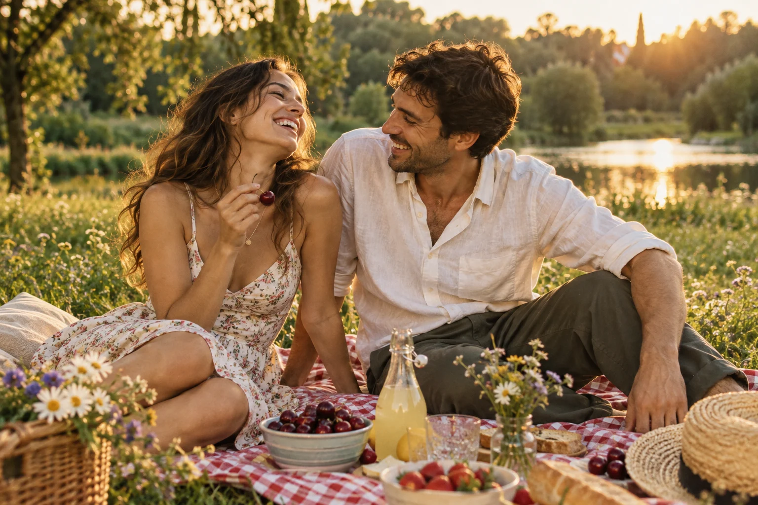 A couple laughing together over a picnic at golden hour